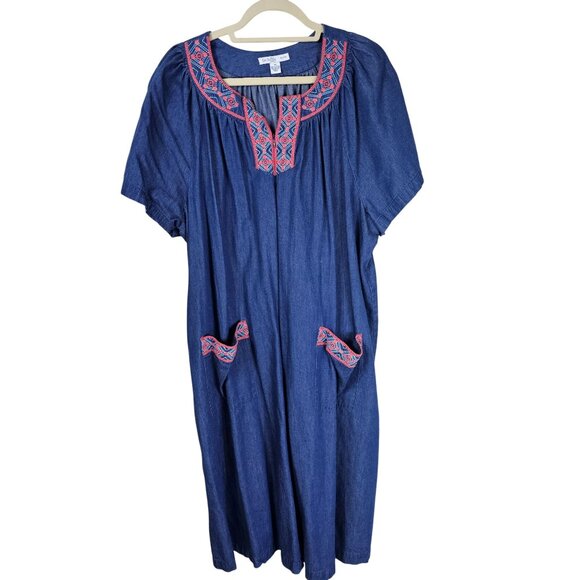 Go Softly Embroidered Chambray Patio Dress 1X Zip Front Southwestern Cottagecore - Picture 1 of 9